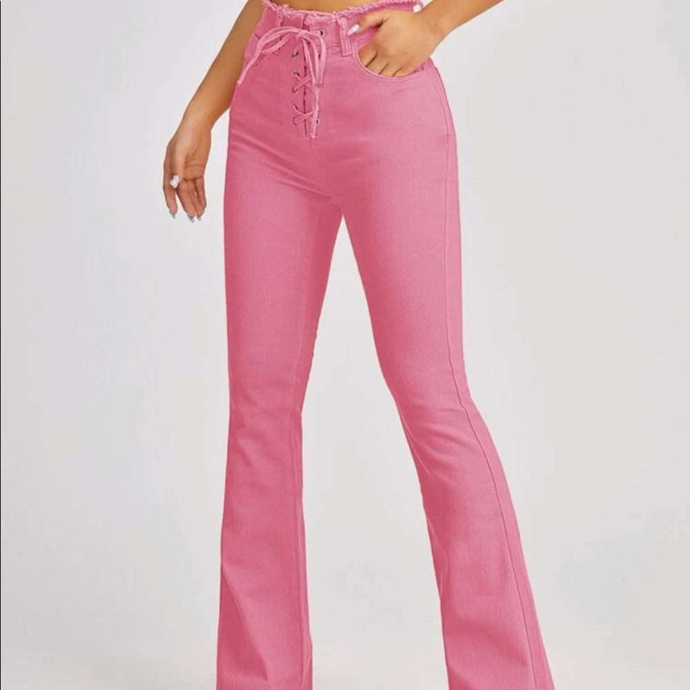 pink flare jeans high waisted